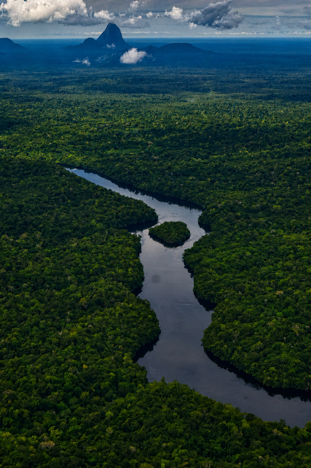 Vista aérea do Alto Rio Negro com a formação da Bela Adormecida ao fundo
